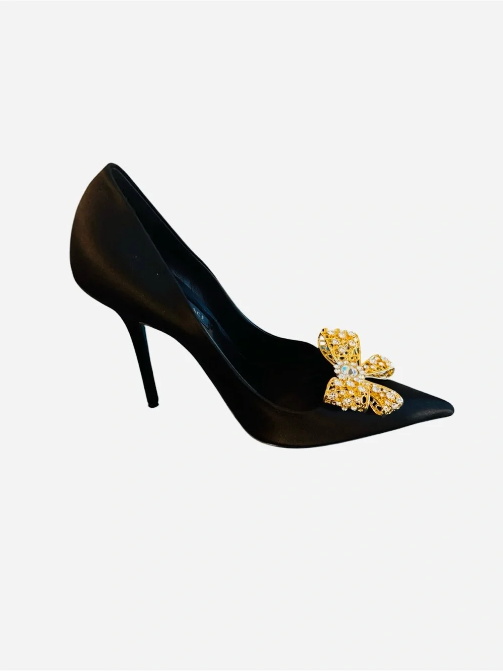 Versace Black Satin Pumps With Embellished Gold & Crystal Bow Sz EU40/US10 (New)